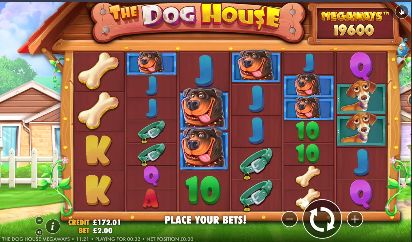 The Dog House Megaways main game screen showing 19600 active Megaways on 6 reels