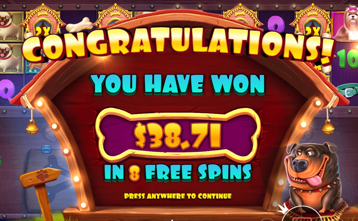 The Dog House Megaways bonus round result screen showing $38.71 won in 8 free spins — a below-average outcome illustrating real volatility